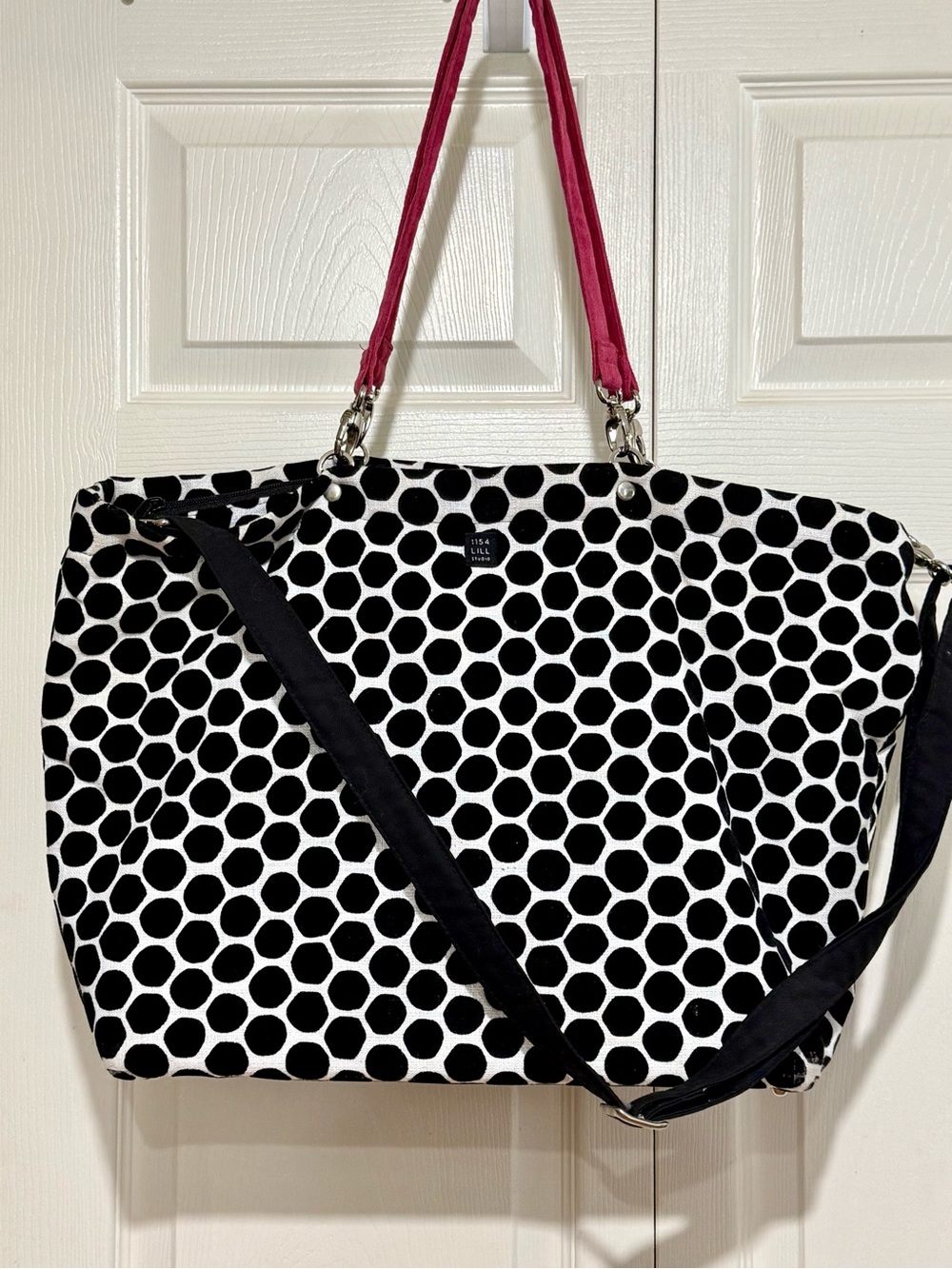 Stylish Black & White Polka Dot Tote with Pink Handles